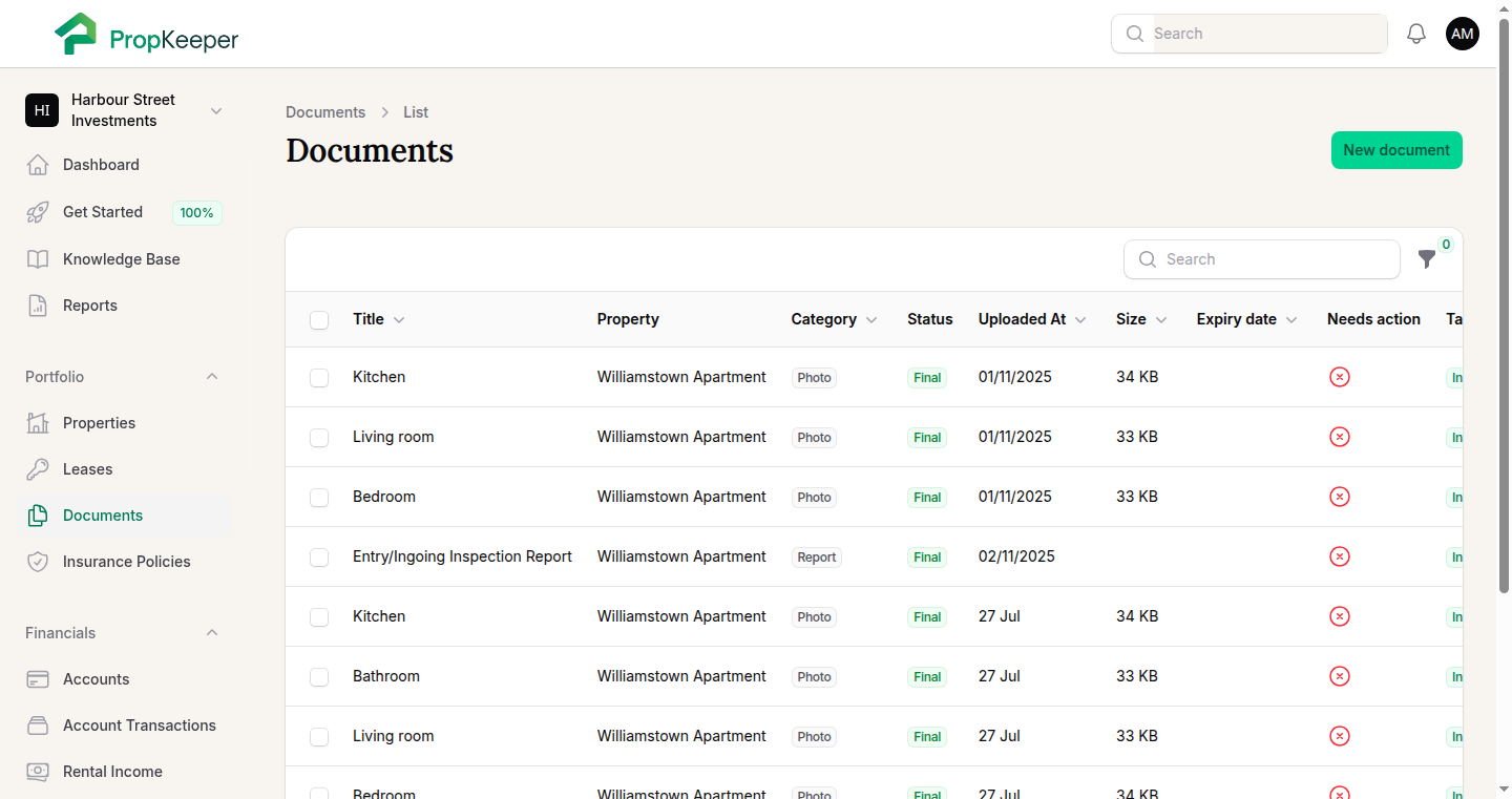 Document vault with contracts, certificates and photos filed by property
